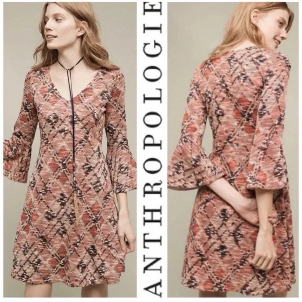 Anthropologie Maeve XS  Irina Pink Swing Dress Bell Sleeve Plaid Hippie Boho 70s